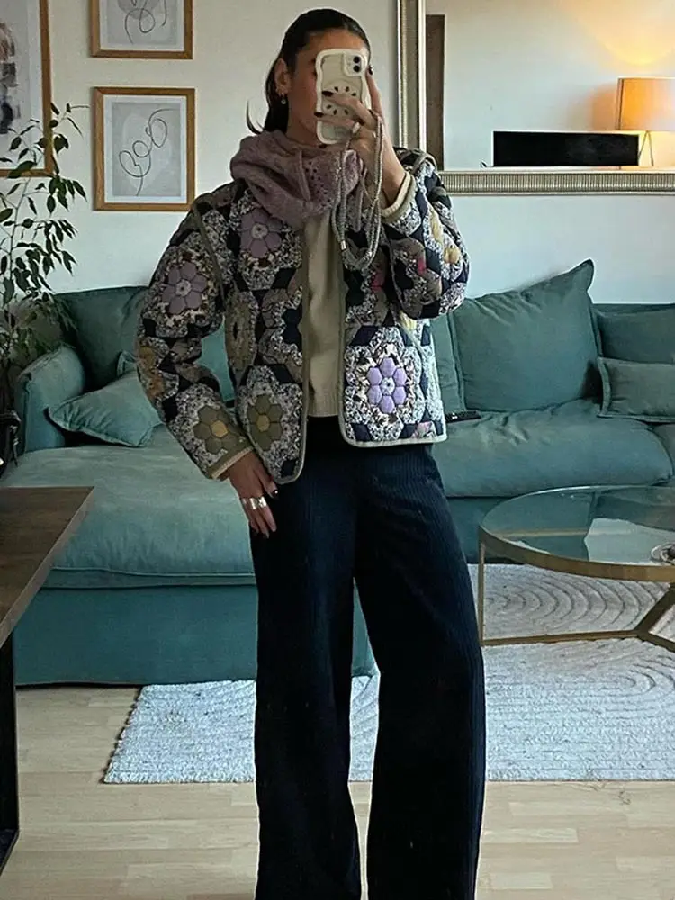 Abrigo de algodón con estampado Floral para mujer, chaqueta corta holgada de manga larga con bolsillos, cuello en v, estilo Retro, ropa de calle