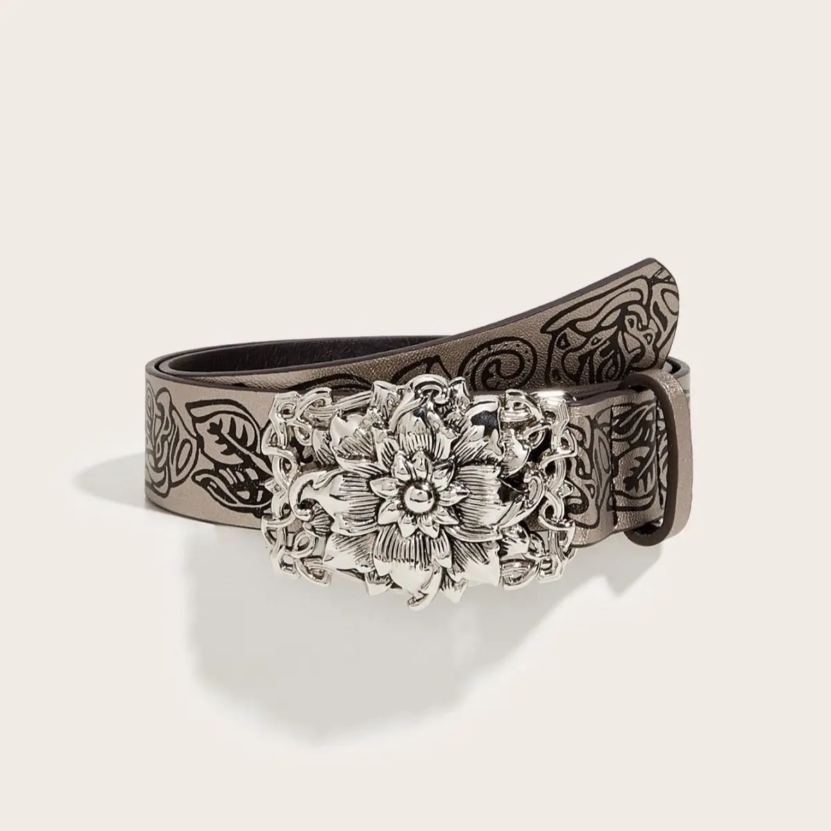 ‌Y2K Punk Belt - Women's Gothic Embossed Flower Waistband, Retro Dark Leather Belt, Edgy Streetwear Accessory