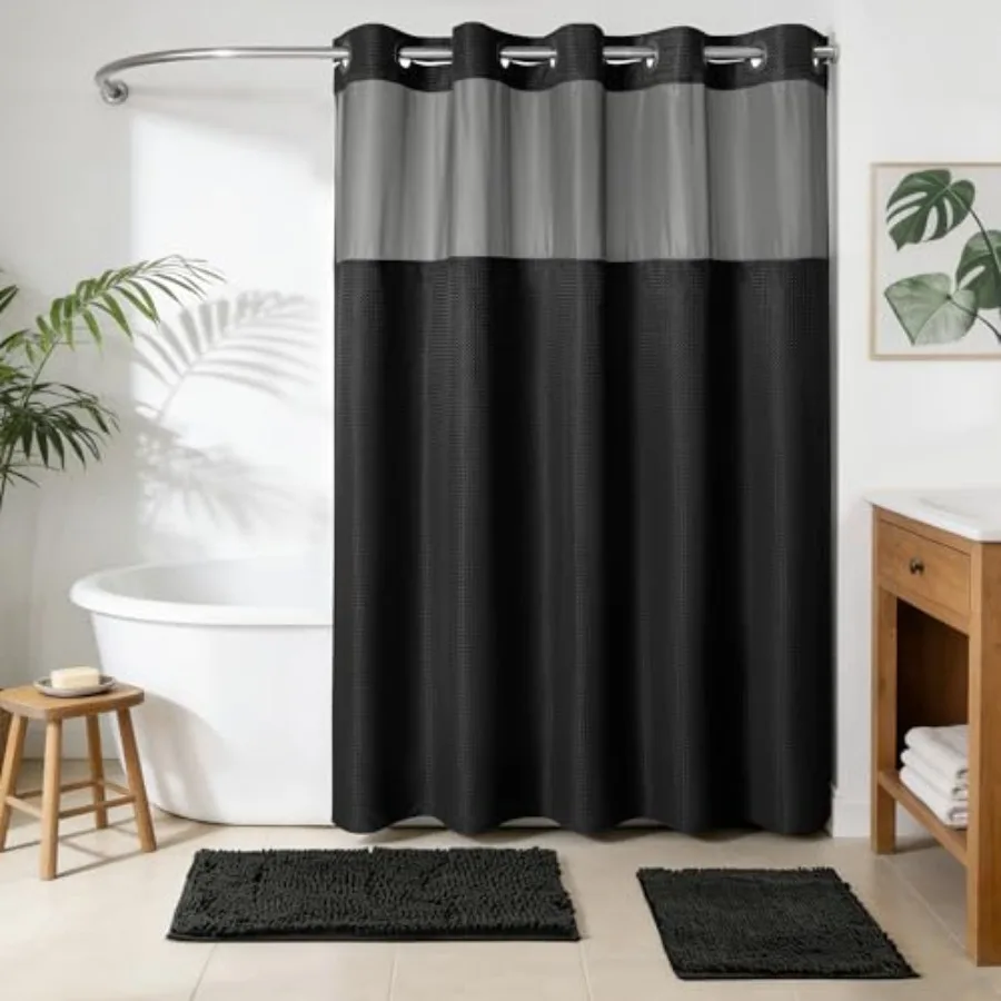 

3 PCS No Hook Waffle Shower Curtain Set with Chenille Bath Rugs - 71" x 74" Black Shower Curtain with Snap-in Liner and Non-Sli