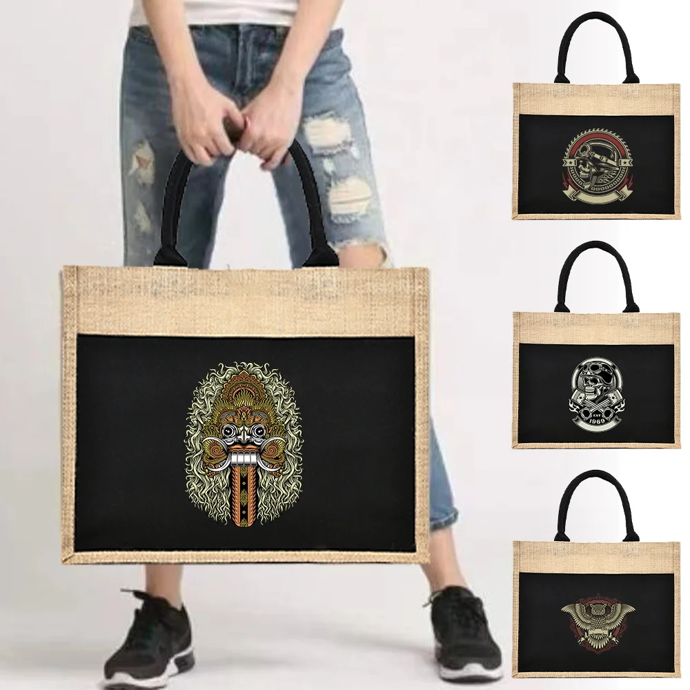 

Shoulder Women Travel Storage Bag Jute Linen Pouch Picnic Bag Shopping Pouch Handbag Laminated Pouch Evil Skull Head Print 2023