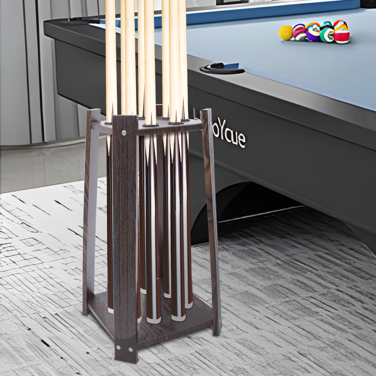 

8-Hole Billiard Cue Rack Wood Pool Stick Stand Holder Multifunctional Golf Club Fishing Rod Organizer for Home Bar Game Room