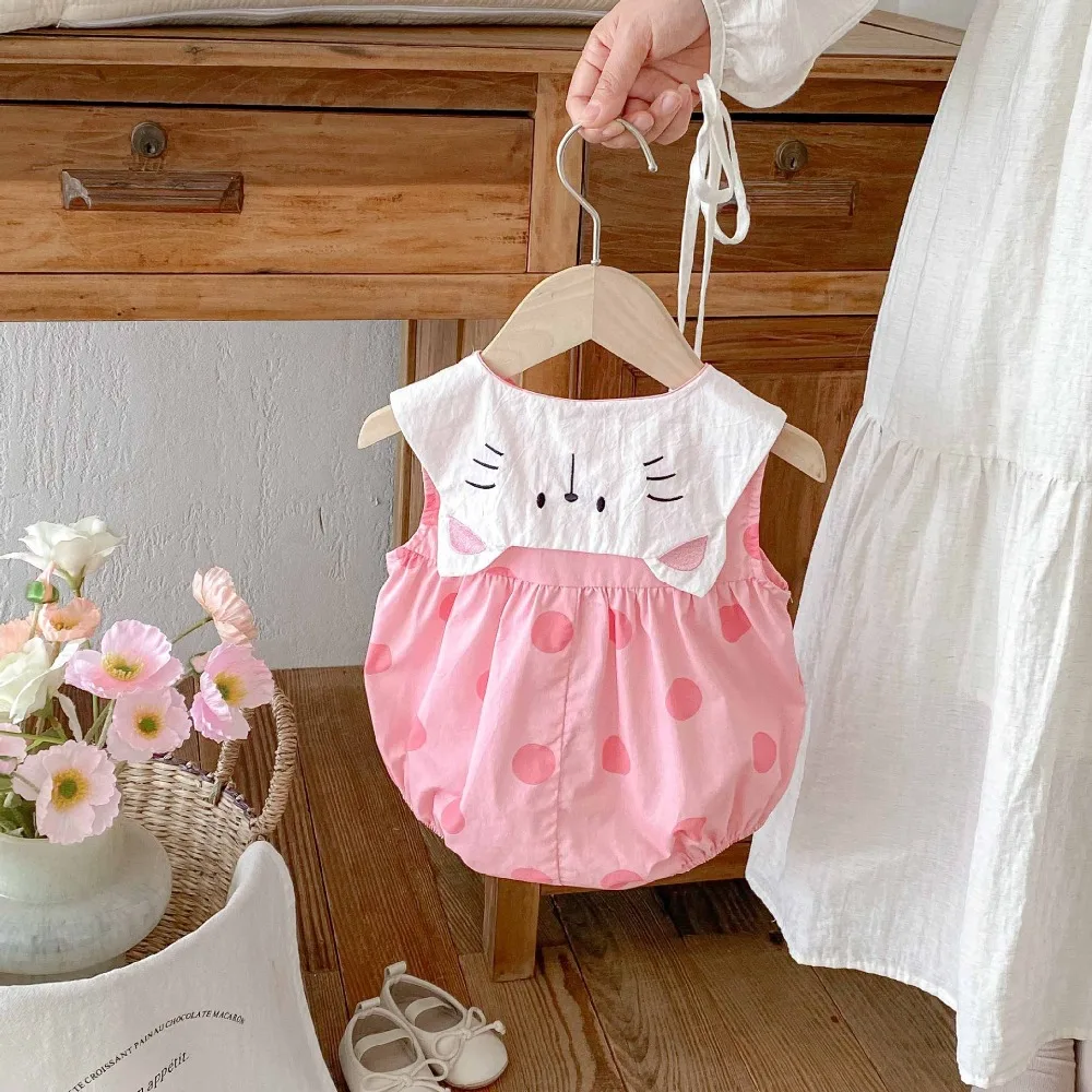 

Cute Newborn Baby Girl Romper INS Summer Princess Kids Sleeveless Cartoon Collar Dot Cotton Bodysuit Outfits Birthday Clothes