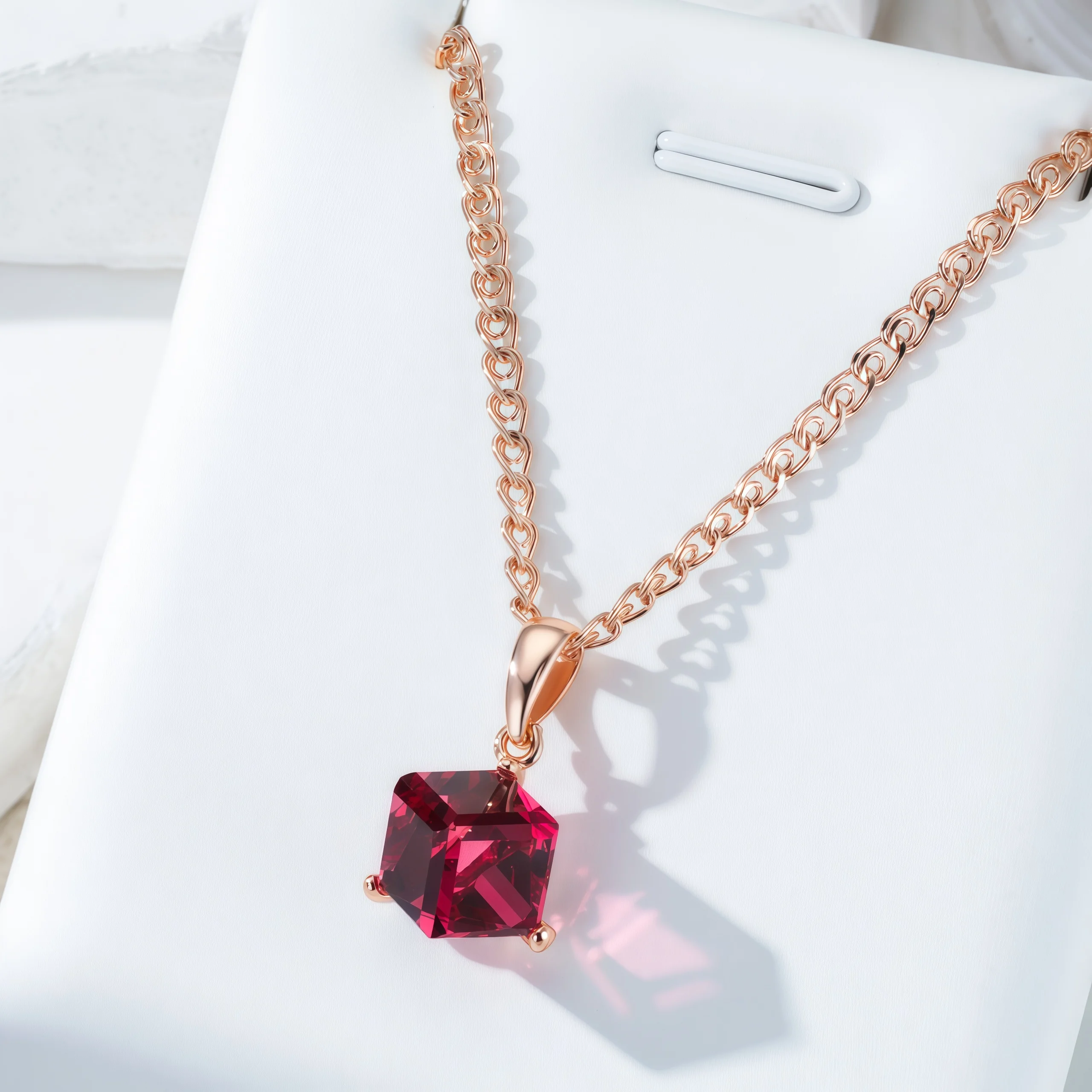 Wbmqda Würfel-Anhänger und Halskette aus rotem Stein für Damen, 585er Roségold, Luxus-Hochzeitsschmuck-Accessoires