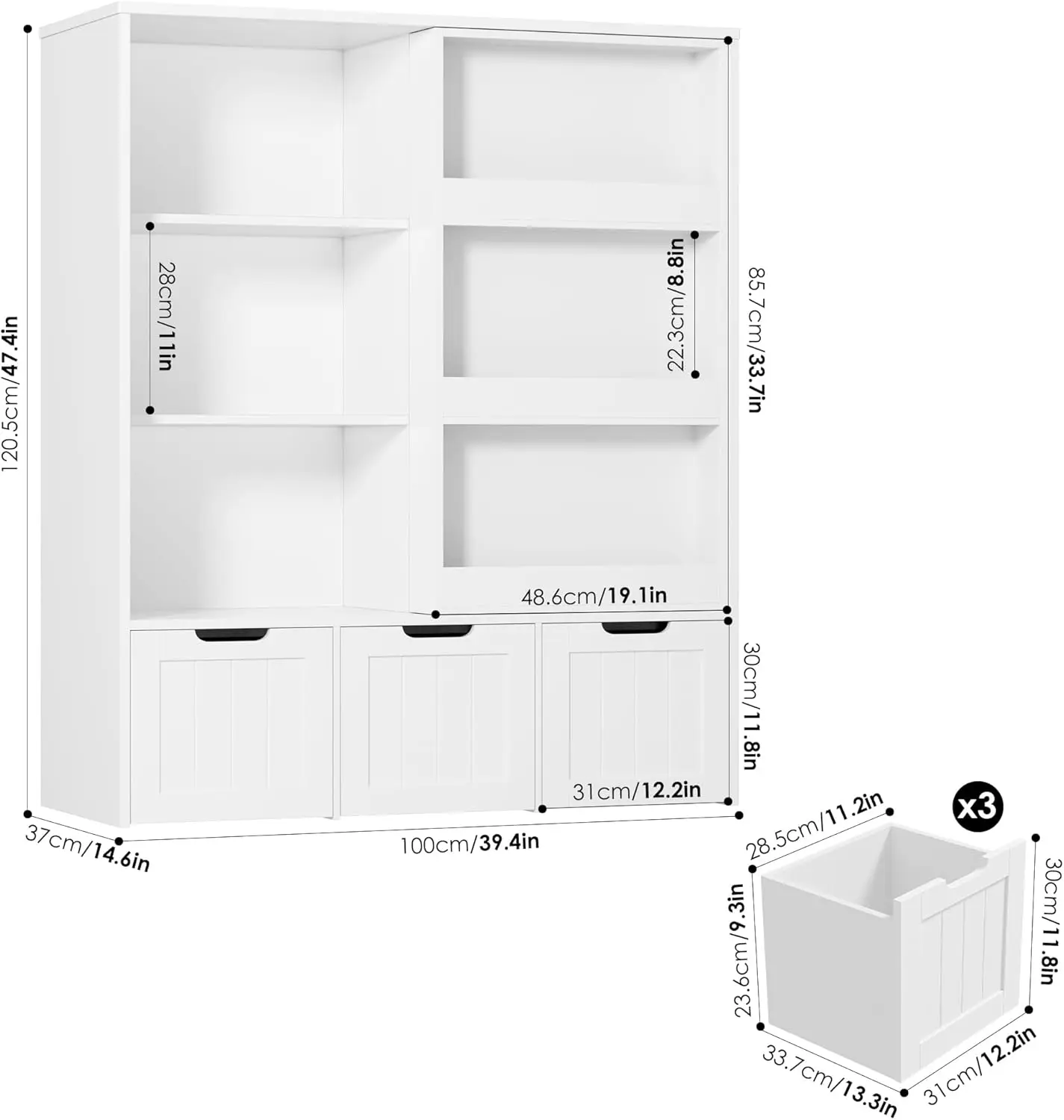 Organizador de almacenamiento con estante deslizante para libros, organizadores de juguetes y almacenamiento con 3 cajones móviles y 6 cubículos de almacenamiento, organización de sala de juegos