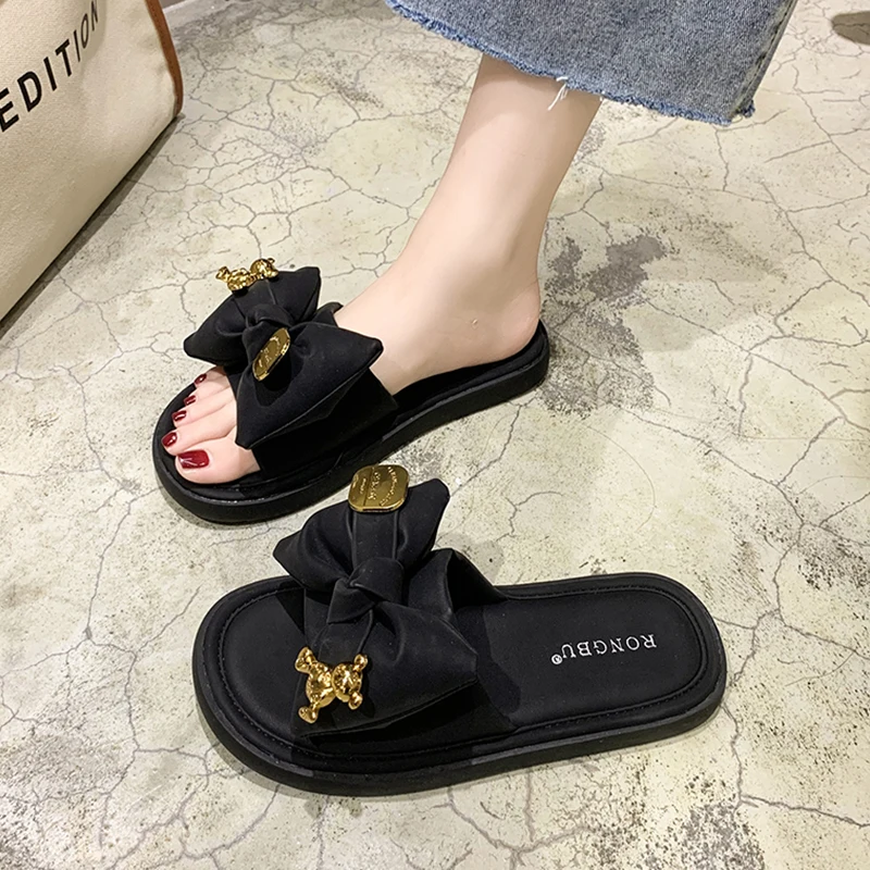 Med Shoes Woman\'s Slippers Butterfly-Knot Luxury Slides Rivet Platform 2023 Rubber Designer Soft Flat Summer PU Scandals Butterf