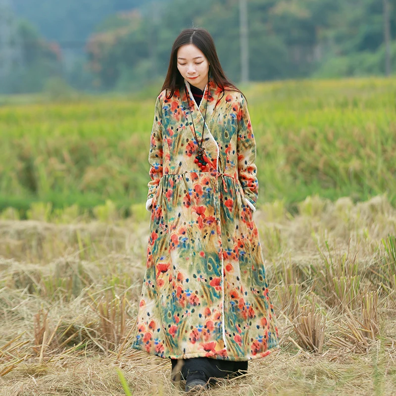 

Vintage Cotton Linen Long Mid-calf Coat Women, Flower Loose Trench, Chinese Style Outerwear, Long Sleeve, Warm Fleece, Winter