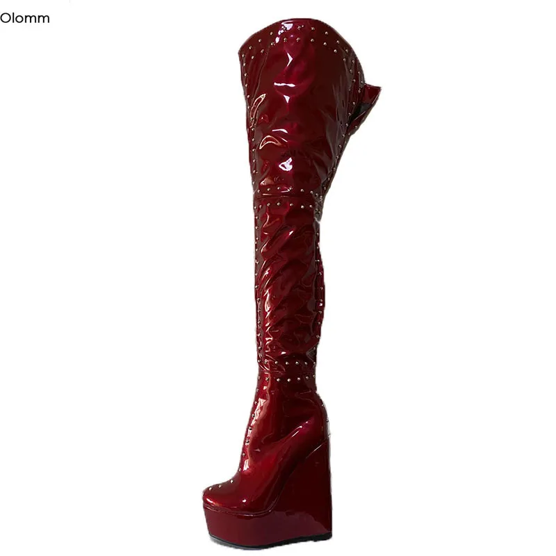 

Olomm Women Platform Sexy Studded Thigh High Boots Wedges High Heels Boots Round Toe 6 Colors Club Shoes Women Plus US Size 5-20