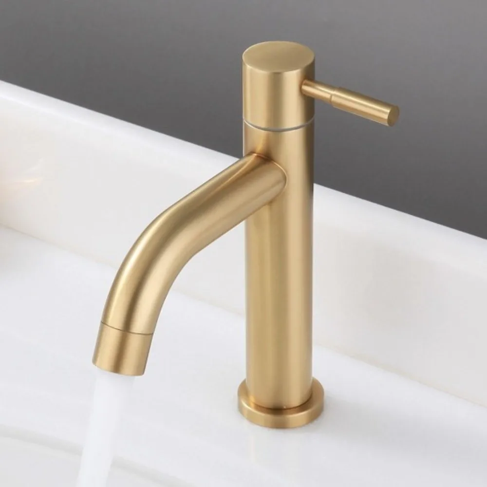 

Sink Tap Bathroom Basin Faucet Deck Mounted Brushed Gold Tap Stainless Steel Water Tap Rotary Switch Rust-proof