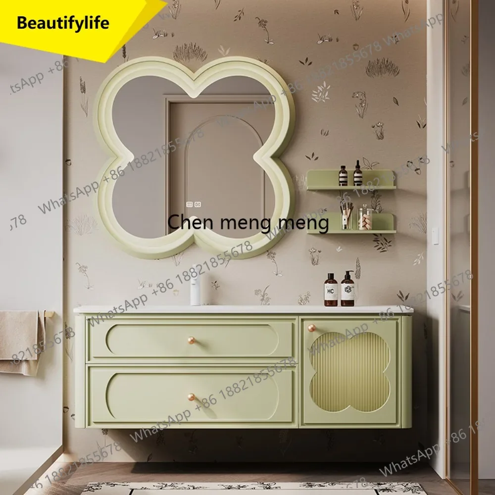 

6239 Bathroom Cabinet French Cream Air Bathroom Cabinet Combination Hot Bending Integrated Basin Smart Mirror Cabinet