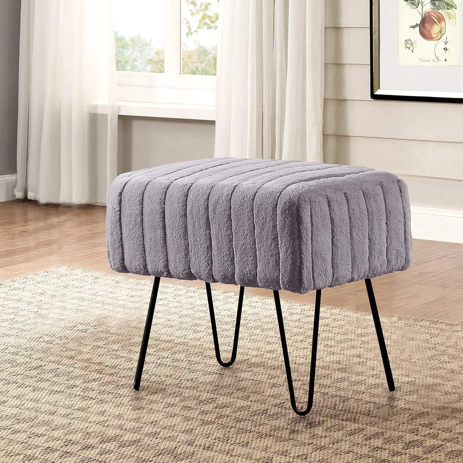 

Super Mink Faux Fur Gray Ottoman Bench 19" x 13" x 17", Charcoal, Living Room Foot Rest Stool