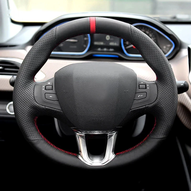 For Peugeot 208 / 2008 2014 2015 2016 2017 2018 Hand Braid Car Steering Wheel Cover Black Perforated Leather red line red strip