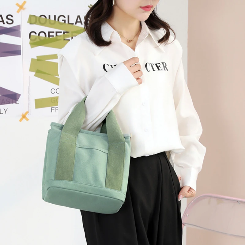 Simple Women's Canvas Tote Bag with Zipper, Double Handles Handbags for Women Purses, Bucket Shopping Bags Black Green Gifts view 5