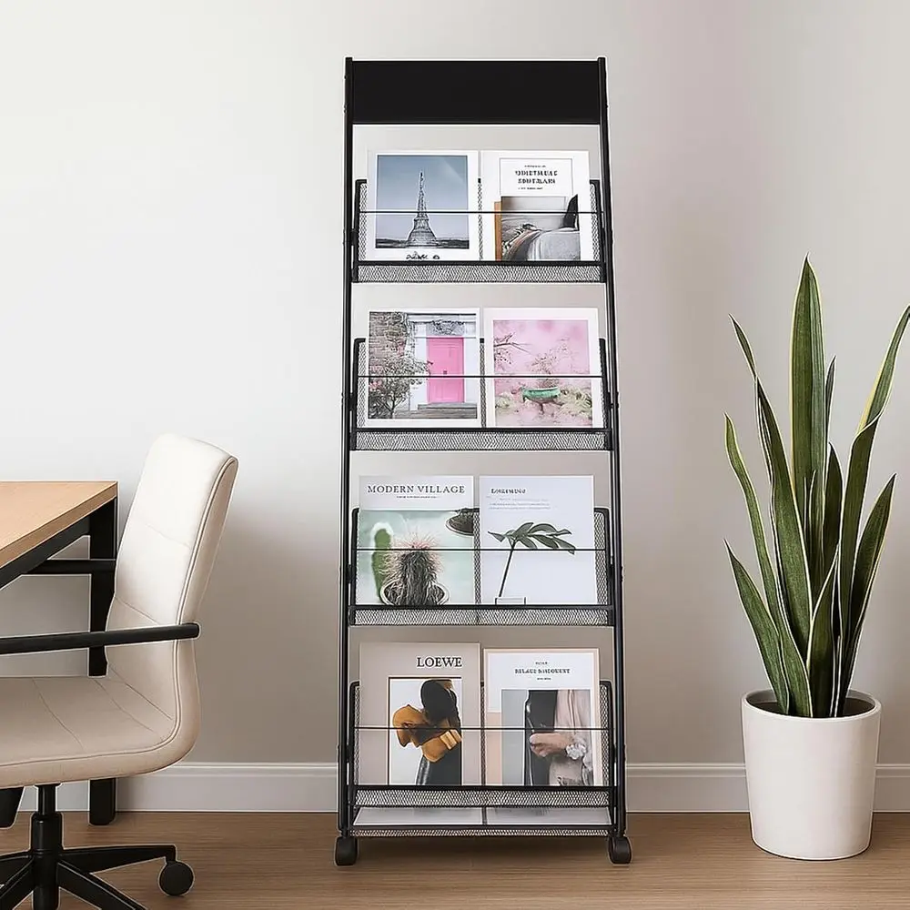 4-Tier Rolling Magazine Rack for Exhibitions, Offices, and Information Centers