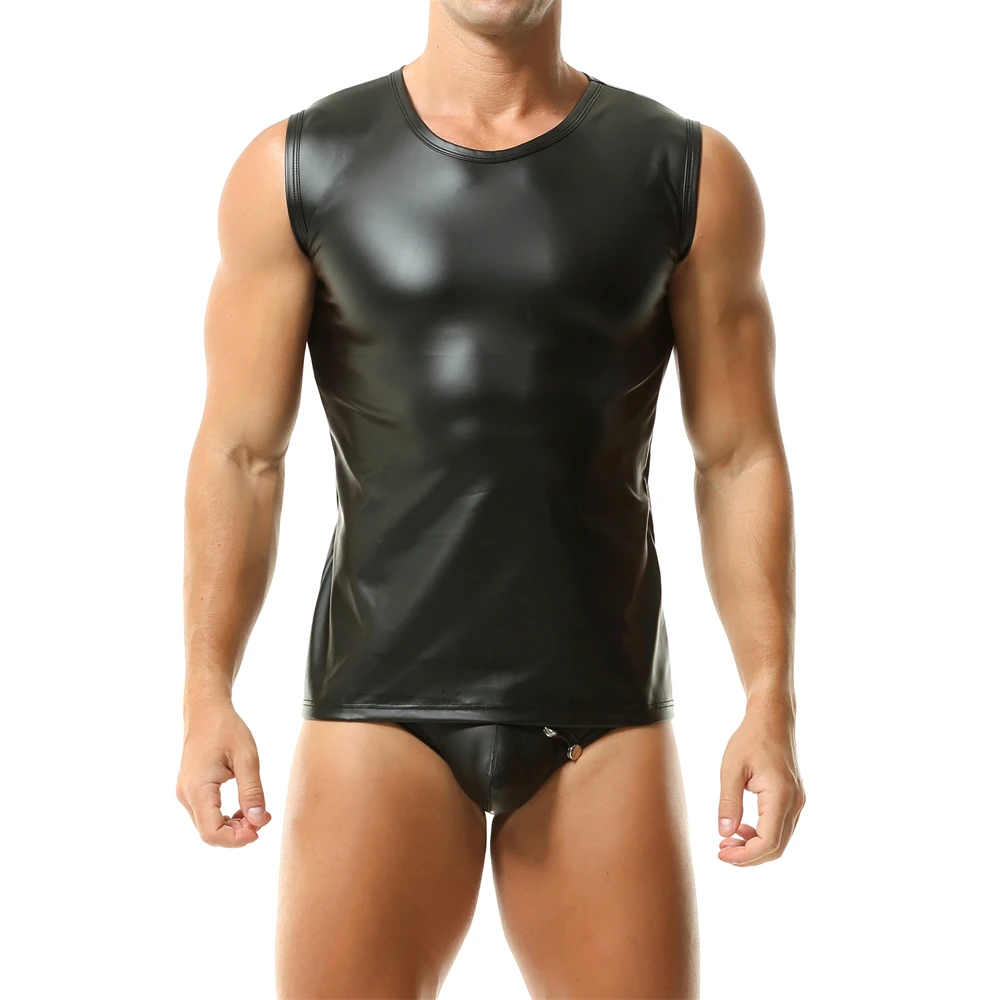 Mens Clothes Set Nightclub Faux Leather Tank Tops Sleeveless T-shirt Vest With Button Open Bulge Pouch Briefs Suit Male Clubwear