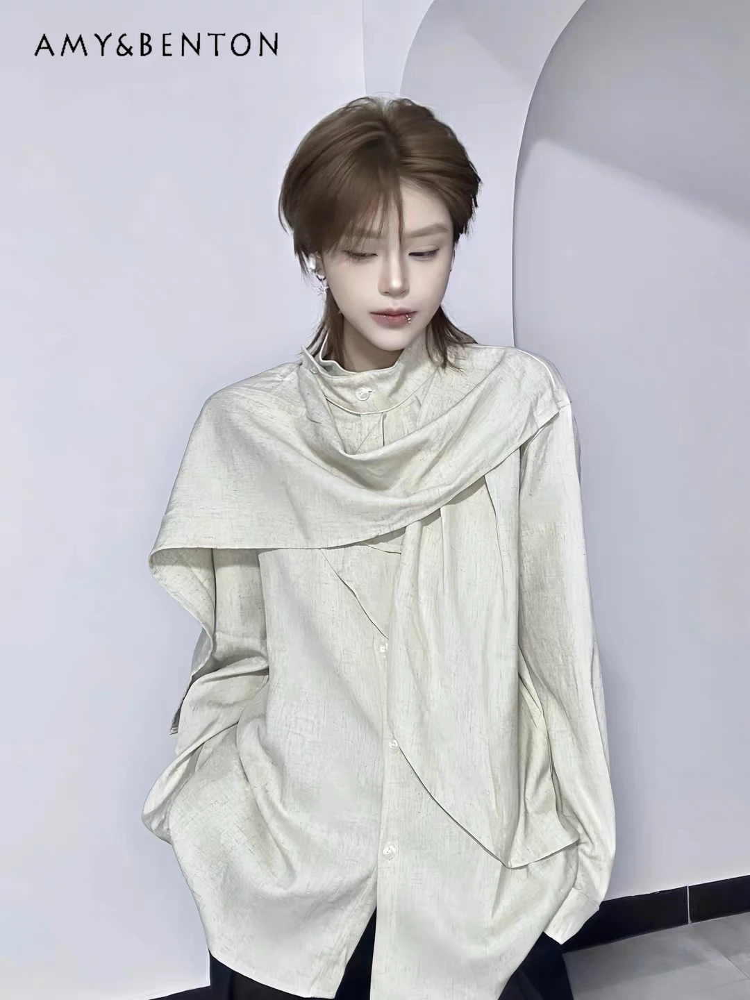 

Весенне-осенняя женская рубашка высокого класса в стиле ретро нестандартной формы в стиле пэчворк, бежевая, черная, свободная, повседневная, повседневная, с длинным рукавом