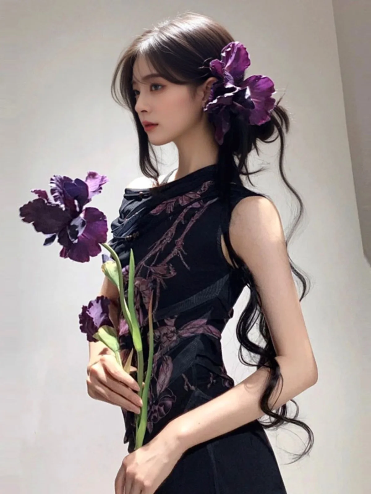 

Elegant Unique Fish Tail Design Sleeveless Long Dress Slimming Beautiful Fashionable French Style Printed Dress City Commute