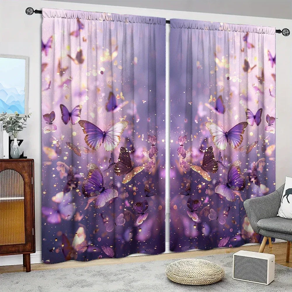 2pcs Purple Butterfly Printed Curtain for Home Decor - Rod Pocket Window Treatment for Bedroom, Office, Kitchen, Living Room