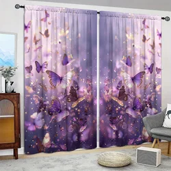 2pcs Purple Butterfly Printed Curtain for Home Decor - Rod Pocket Window Treatment for Bedroom, Office, Kitchen, Living Room