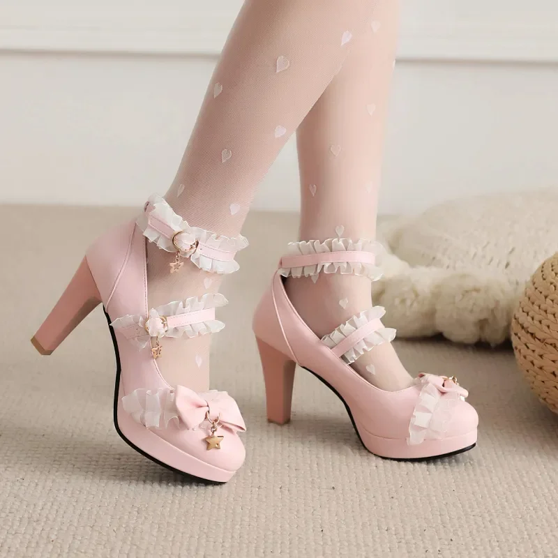 2023 Sweet Princess Heels Platform Cute Bow Lace Girls High-Heeled Double Buckle Kids Pumps Mary Jane Lolita Shoes Child 7-12+y