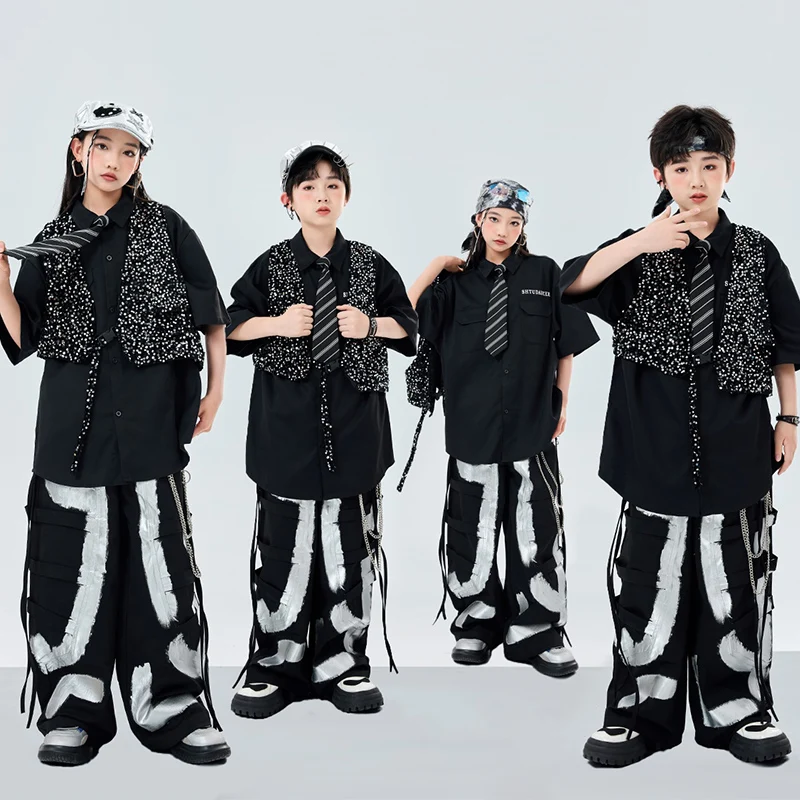 

Hip Hop Boys Clothes Jazz Performance Outfit Girls Black Shirt Shuffle Pants Model Runways Show Kids Cool Street Dancewear 2119