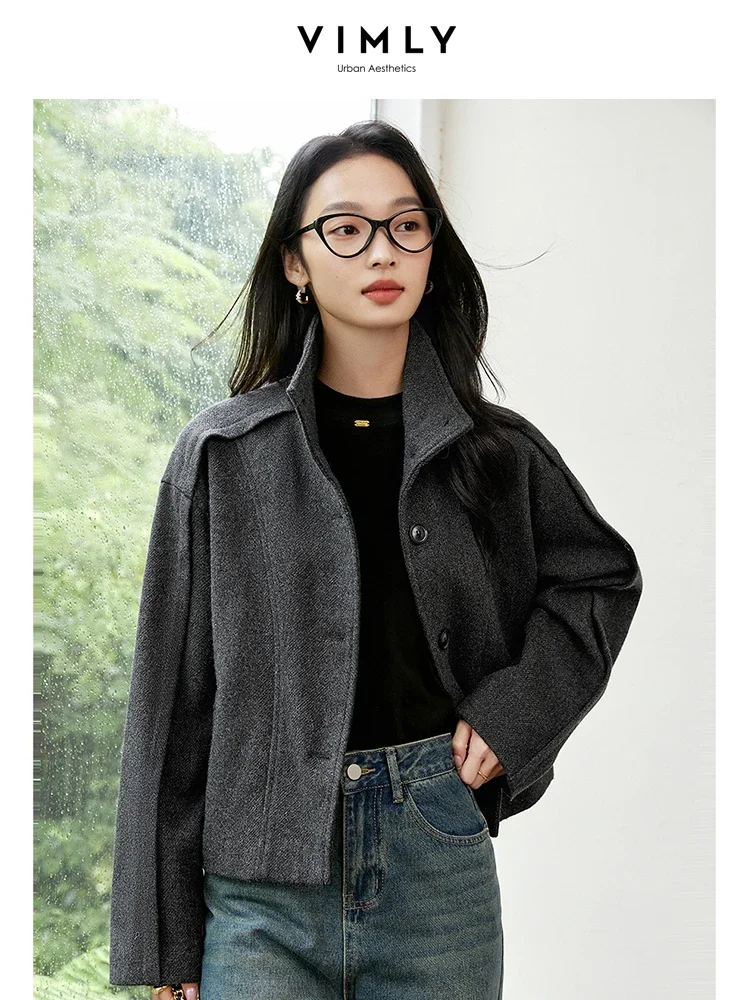 VIMLY Winter Simple hort Suit Jacket Women Fashion Casual Stand Up Collar Straight Loose Coat Female Office Lady Outerwear