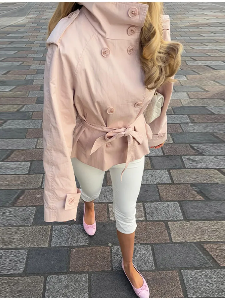 Lässige Rosa Doppelreihige Jacke für Damen, Schicker Stehkragen, Lange Ärmel, Taillengürtel, Frühjahrs-Mantel für Täglichen Arbeitsweg und Streetwear – Detail 17