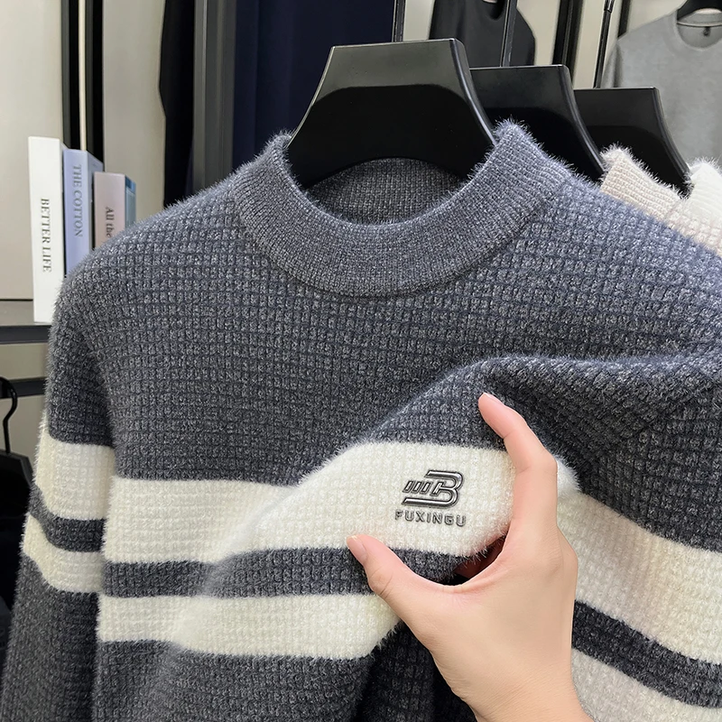 

High Quality Winter Men's Mink Fur Round Neck Knitted Sweater Middle-aged Sweater with Thickened Fleece for Warmth Men's Base