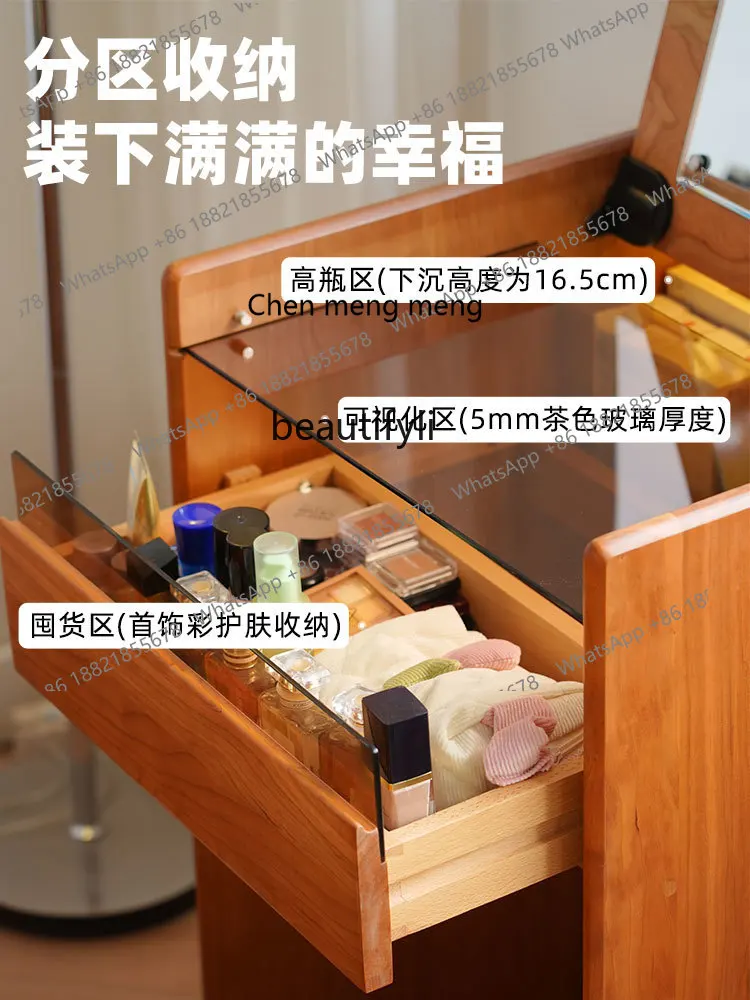 Nordic Solid Wood Dresser with Mirror Cherrywood Integrated Small Desk Flip Makeup Table