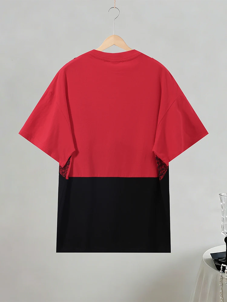 Spitzen-Patchwork T-Shirt mit Fake-Zweiteiler-Effekt für Damen, Eleganter Rundhalsausschnitt, Kurzarm, Locker Geschnittenes Oberteil, Frühlings-Chic, Neue Club- und Partykleidung – Detail 9