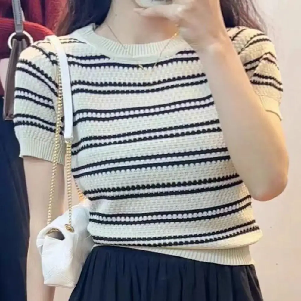 Ins قصيرة الأكمام المحاصيل الأعلى سليم صالح الحلو شريط محبوك تي شيرت قاع قميص الملابس النسائية تريكو النساء الإناث