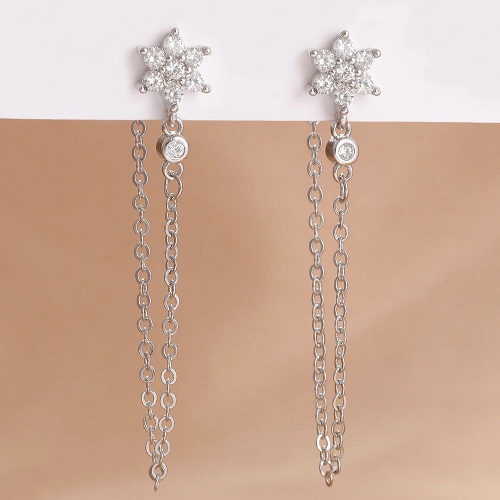 2PCS Romantic Floral Link Chain Tassel Earrings For Women Trend Huggies Shiny Stainless Steel Zircon Romantic Jewelry Gifts