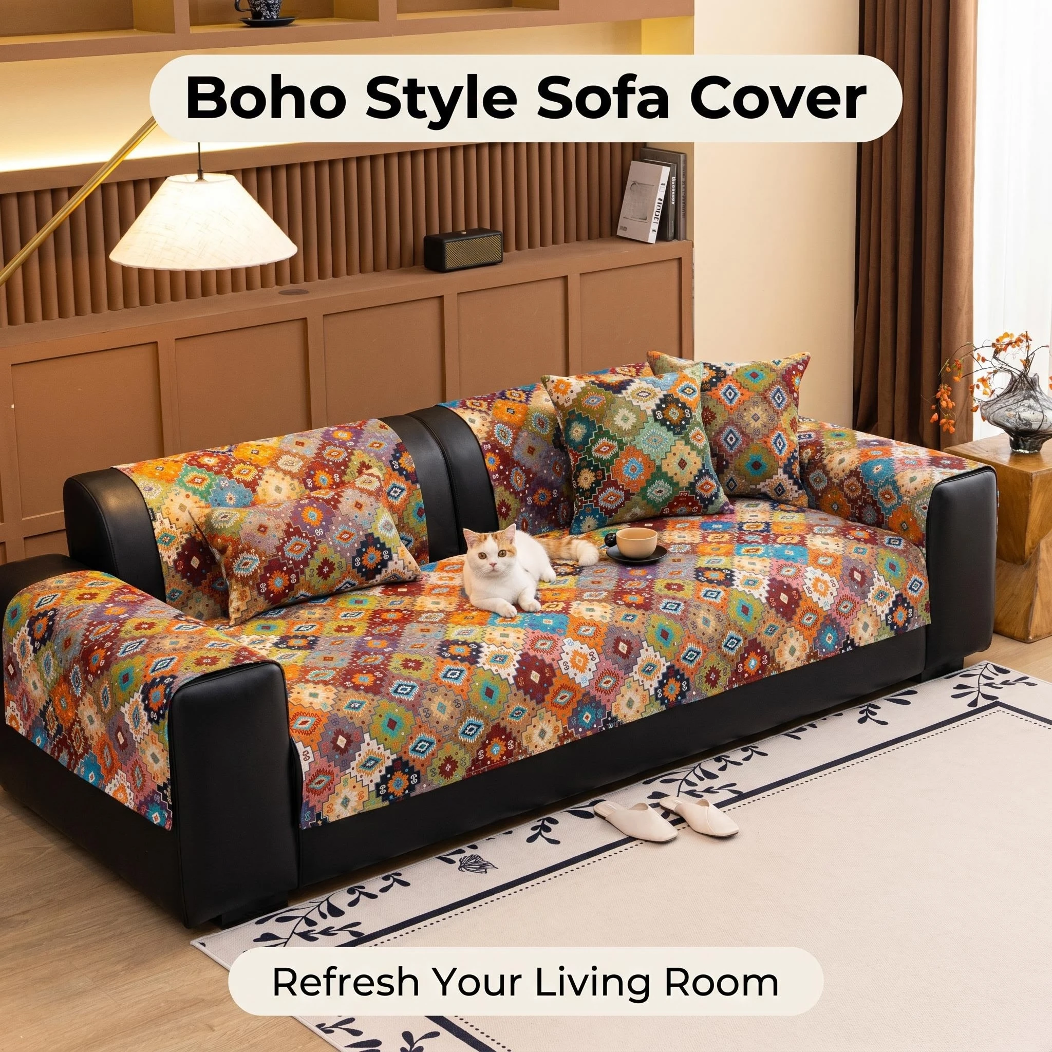 1pc Bohemian Jacquard Non-Slip Sofa Cover, for All Seasons Boho Style Furniture Protector Pet Friendly & Machine Washable Towel