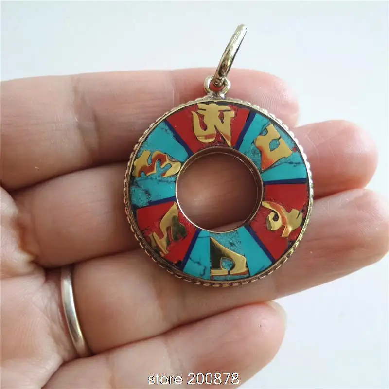 Tibetan Six Mantras HUM Amulet Pendants Nepal Copper Colorful Round Circle pendnant,Tibet handmade jewelry TBP110