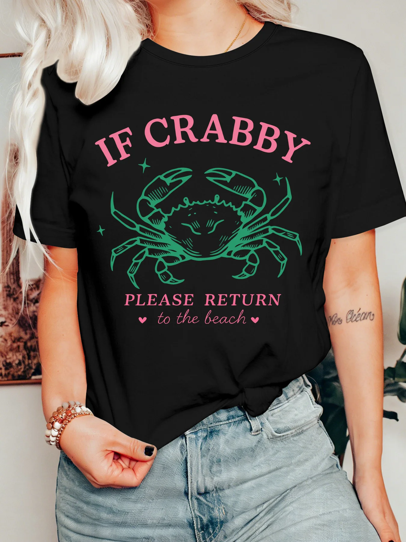 Funny If Crabby Please Return To The Beach Womens Crew Neck Short Sleeve T Shirt Crab Ocean Vibe Casual Graphic Tees For Ladies
