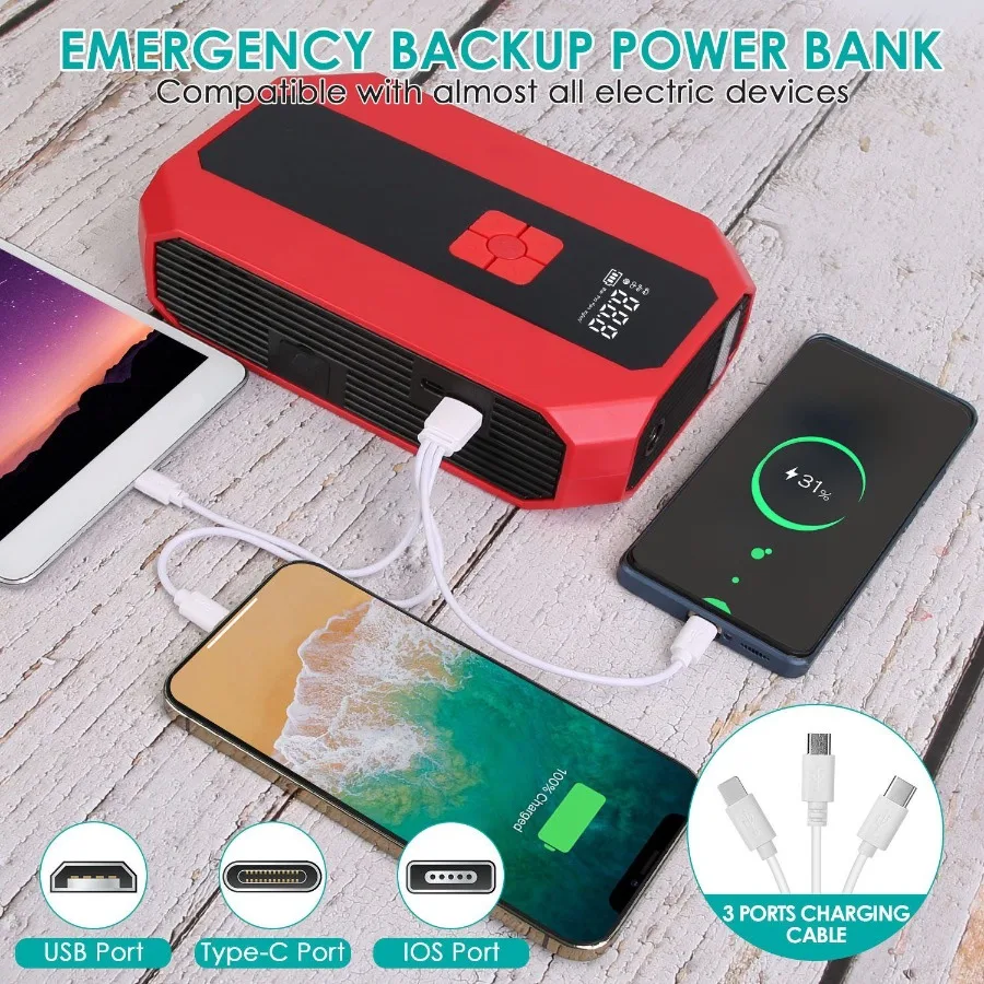 Draagbare Auto Jump Starter Luchtcompressor 1500A 400PSI Auto Acculader Jump Starter Power Bank LED Zaklamp Digitale Band I