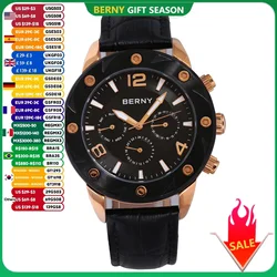 BERNY Men's Watch Multifunction Dial Date Day Calendar Quartz Business Wristwatch Luminous Hand Leather Strap Waterproof Watch