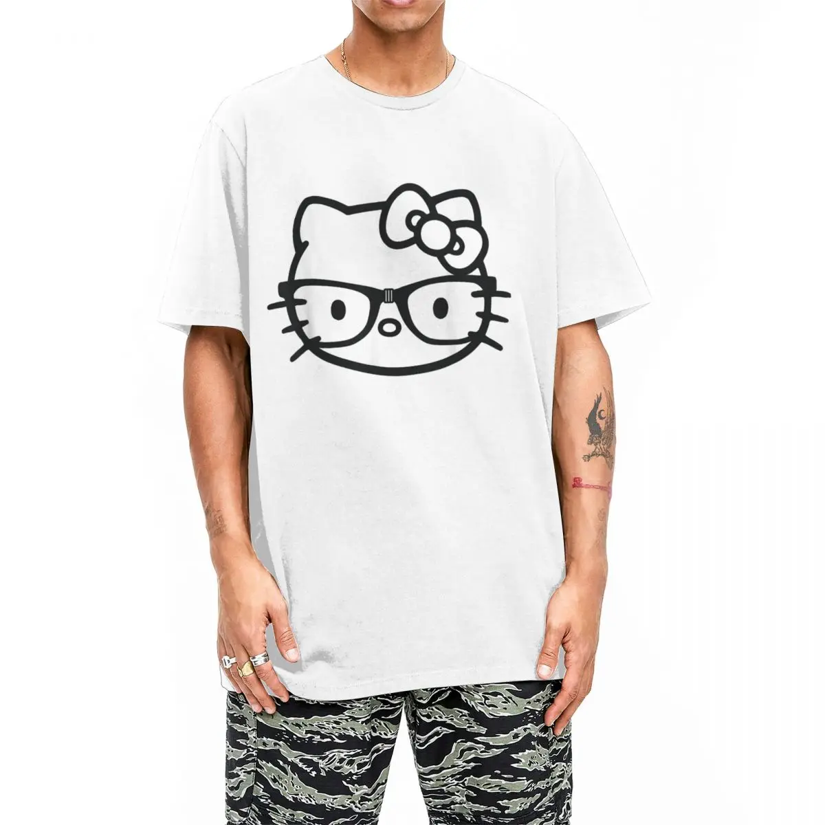 Hello Kitty Black And White Nerd Glasses T Shirts Men Women\'s Pure Cotton Male T-Shirt Crewneck Tees Short Sleeve Tops Printed