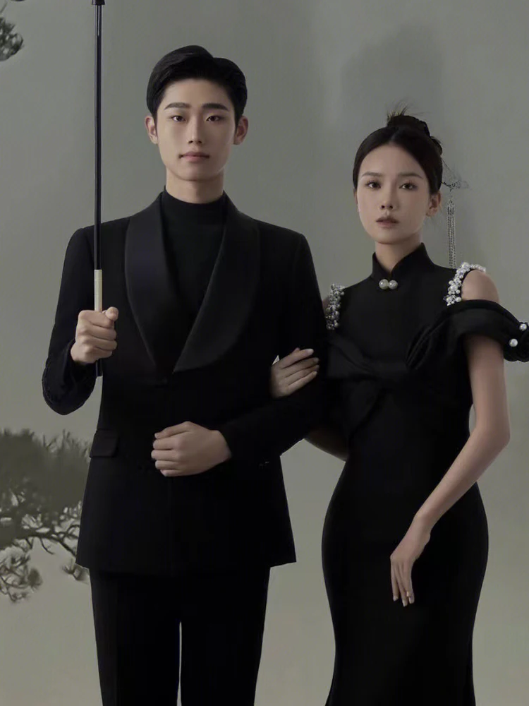 

Черный улучшенный костюм для фотосессий в стиле традиционной китайской живописи для женщин, стройнящий, для парных фотосессий