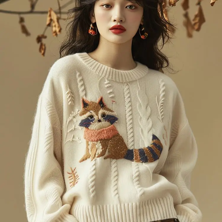 Свитер с круглым вырезом для тяжелой промышленности с вышивкой «Красная панда», женский осенне-зимний свитер 2025 года, новый мягкий восковой вязаный свитер высокого класса