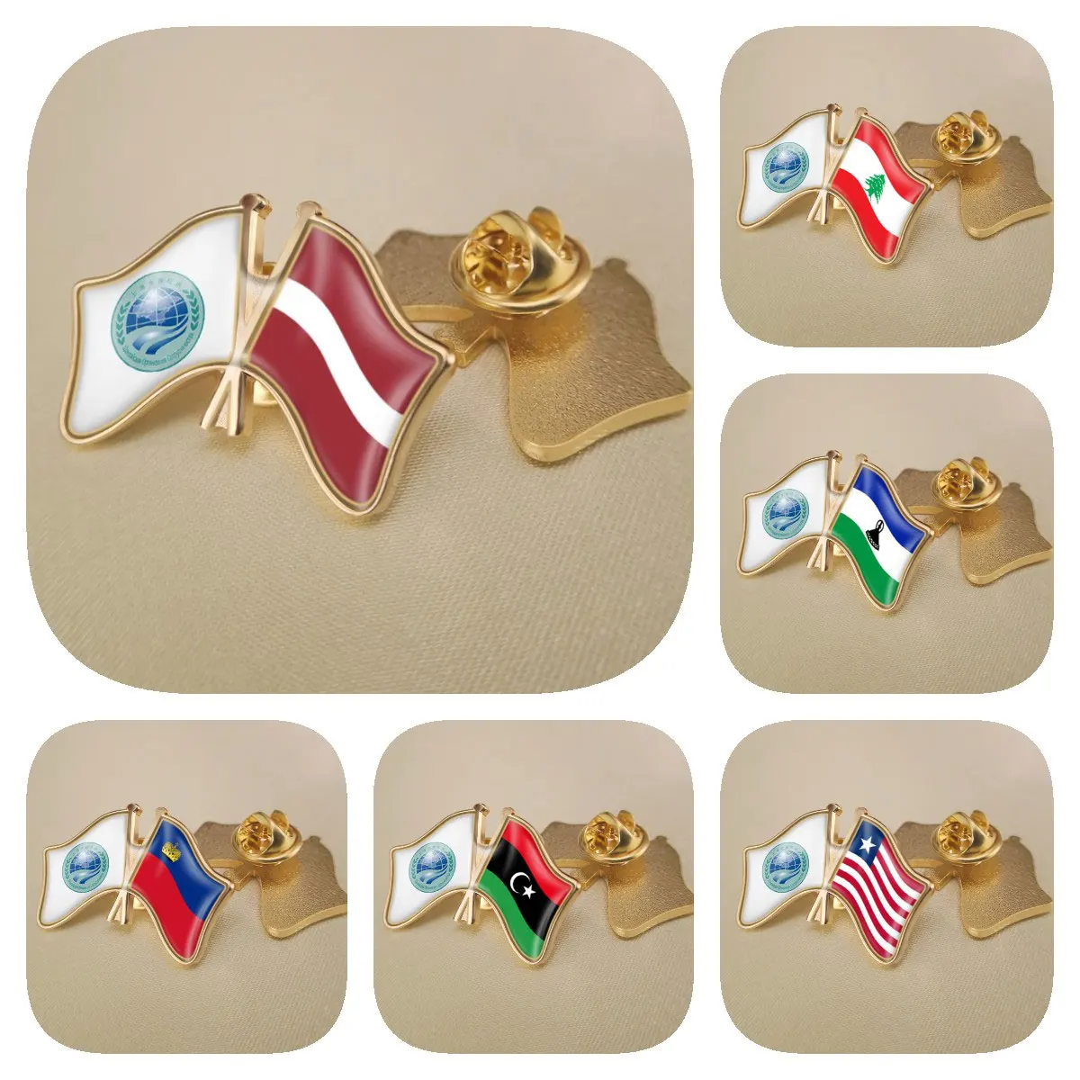 SCO and Latvia Lebanon Lesotho Liberia Libya Liechtenstein Double Crossed Friendship Flags Brooches Lapel Pins Badges