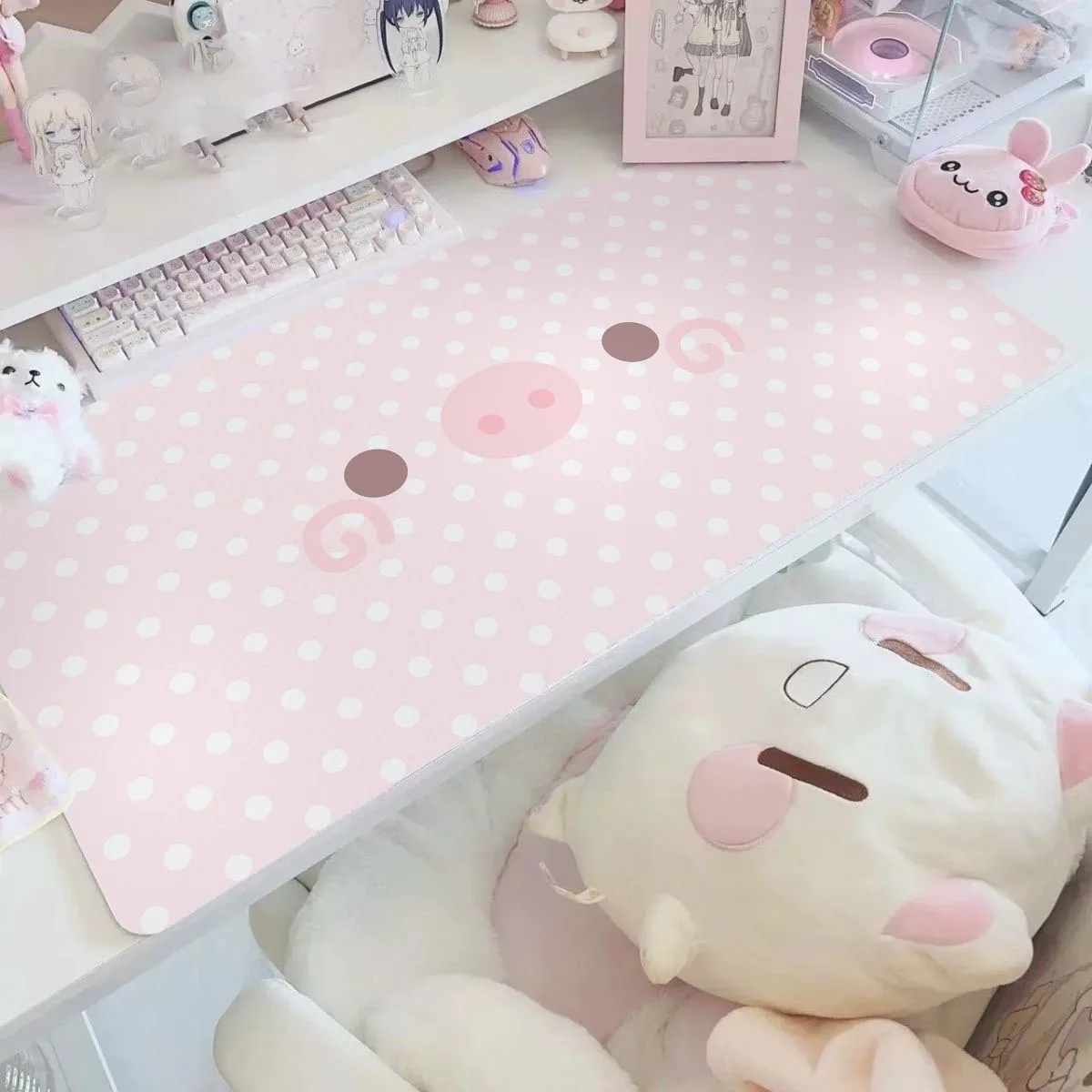 Pink Polka Dots Pig Cute Y2K Girl Leather Desk Pad Protector Mouse Pad Office Desk Mat Waterproof Non-Slip PU Desk Blotter Pad