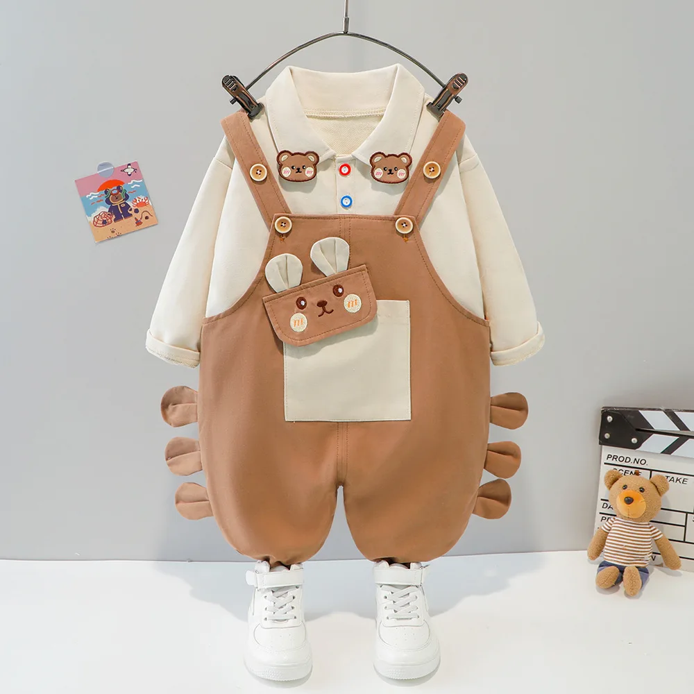 

2024 Spring Autumn Baby Boy Clothes 1 to 5 Years Cartoon Animal Turn-down Collar Long Sleeve T-shirts and Overalls Girls Outfits