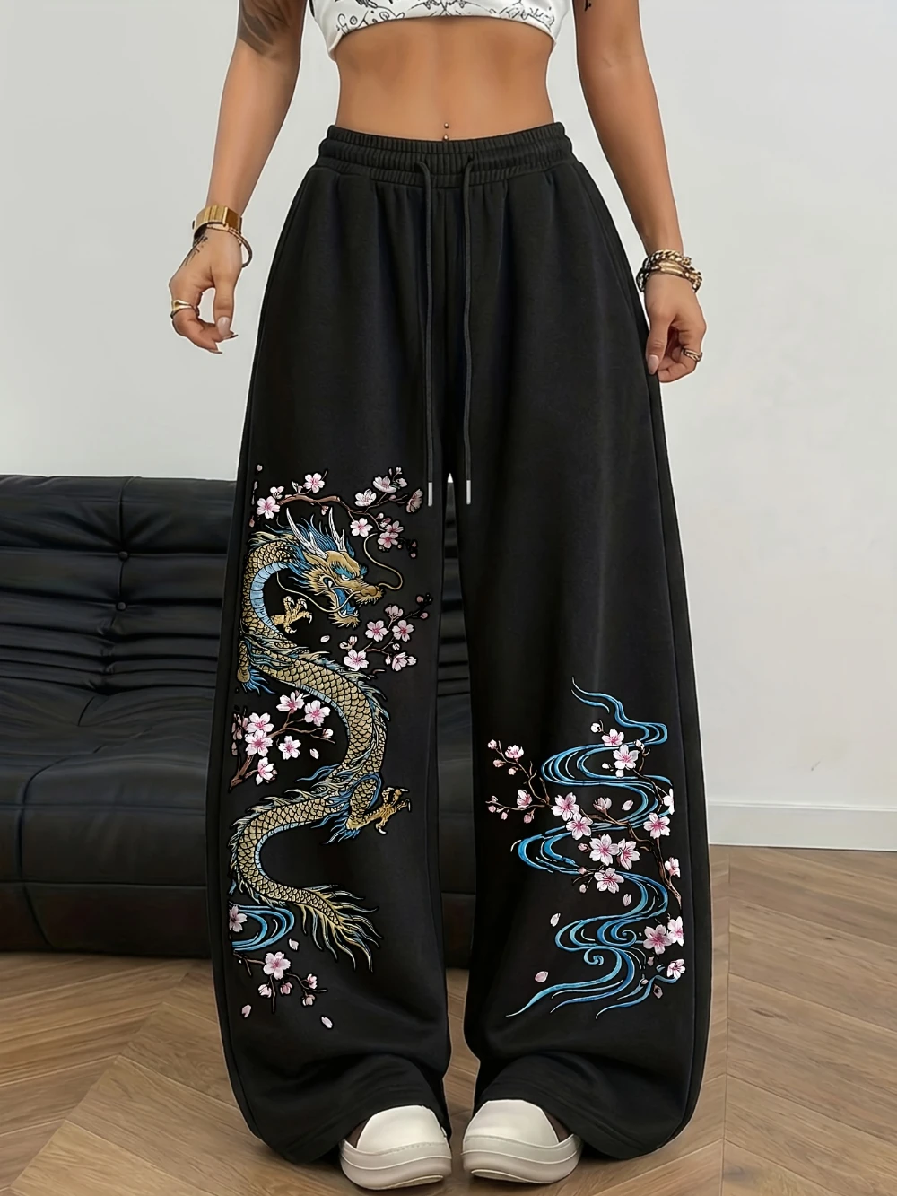 Ladies' Casual Hip-hop Street Style Personalized Street Dragon Totem and Plum Blossom Printed Sports Sweatpants