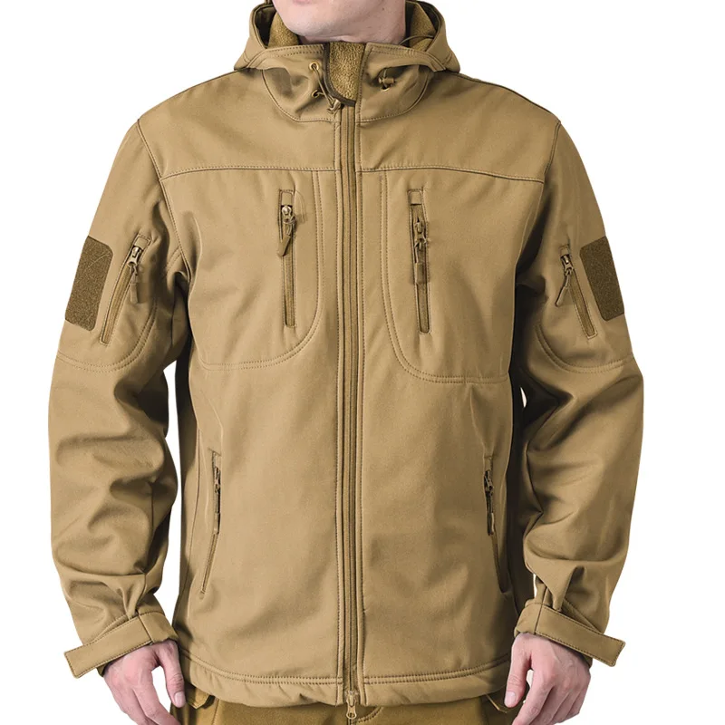 

Autumn Winter Windproof Shark Skin Hooded Jackets Men New Khaki Army Tactical Jacket Man Zipper Outdoor Climbing Soft Shell Coat