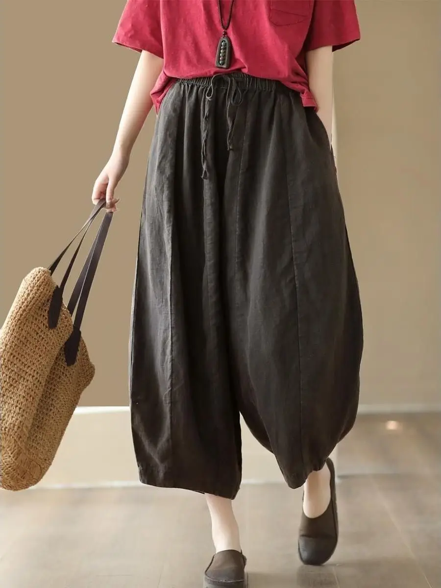 Taille haute coton lin décontracté neuf pièces pantalon ceinturé sarouel ample Vintage ample minceur lanterne pantalon été femmes...