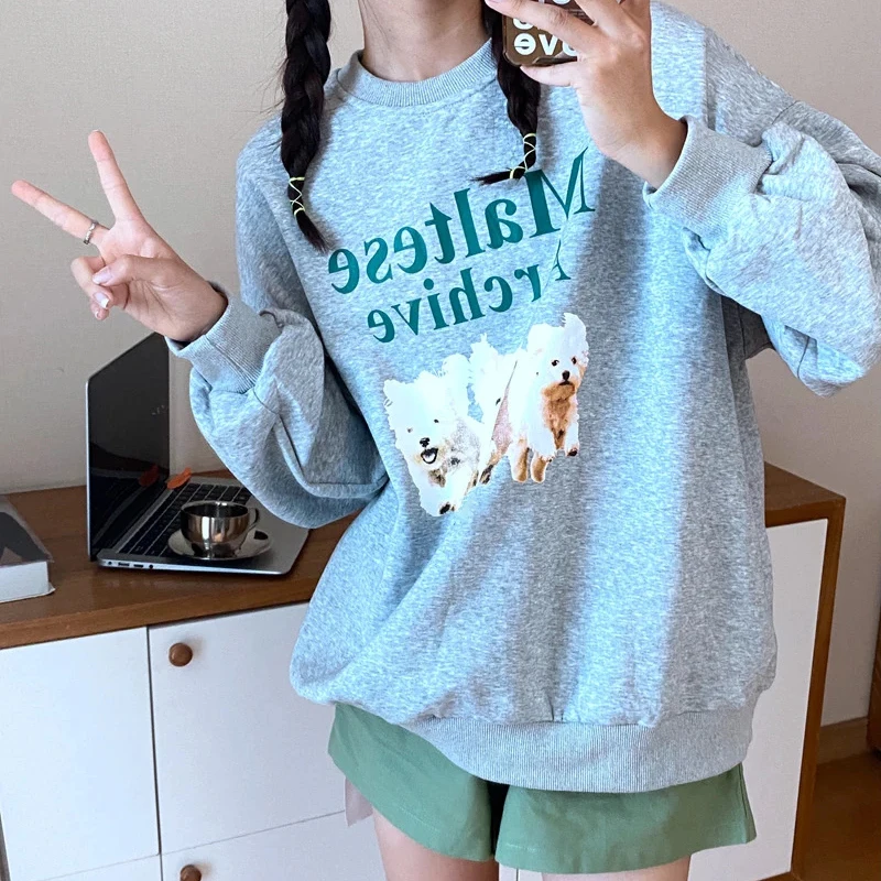 

hahayule Autumn New Women Thin Pullover Three Puppies Print Vintage Crewneck Sweatshirt Casual Long Sleeve Fashion Japanese Tops