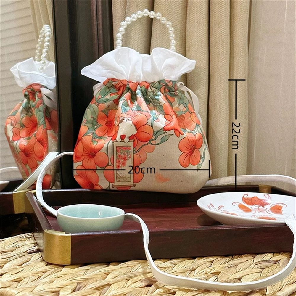 Women's Embroidered Drawstring Lace Shopping Bag Ancient Chinese Style Printed Pearl Handbag Small Flower Cloth Tote Bags Bolsos