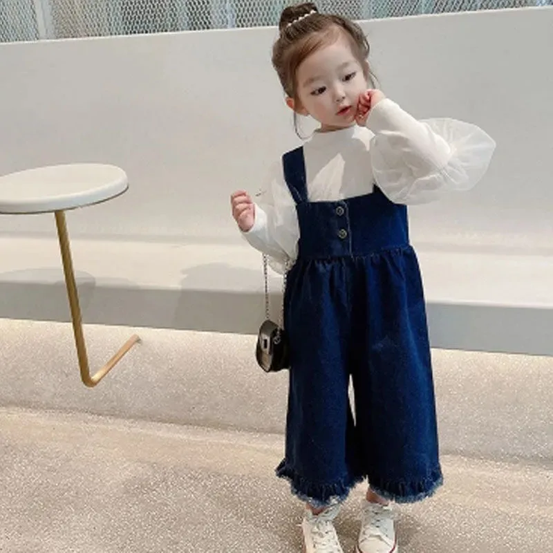 2022 Girls' Clothing Spring New Trousers Fashion Kids Denim Overalls Girls Baby Suspenders Wide-leg Pants Kids 9 Points Pants