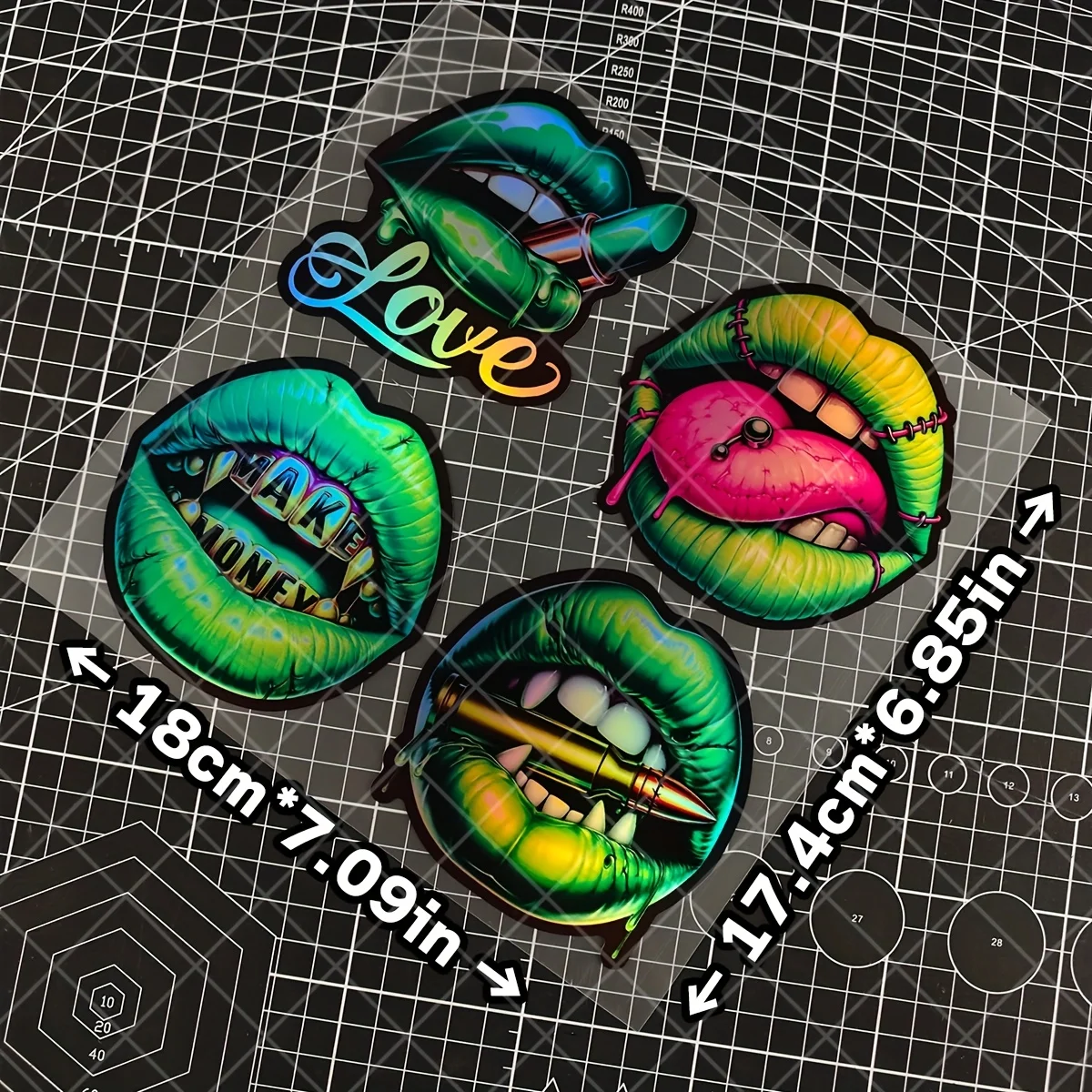 4 Pcs Set Holographic Green Lips Sticker, Waterproof Vinyl Decals for Car Window, Bumper and Motorcycle Helmet Decoration