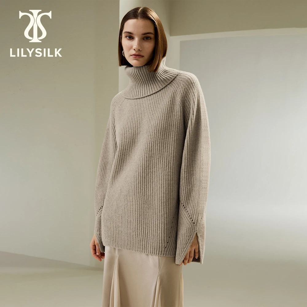 LILYSILK Oversized Merino Wool Sweater for Women 2023 Winter Pullover Turtleneck Luxury Cuff Slits Casual Top Traf Free Shipping